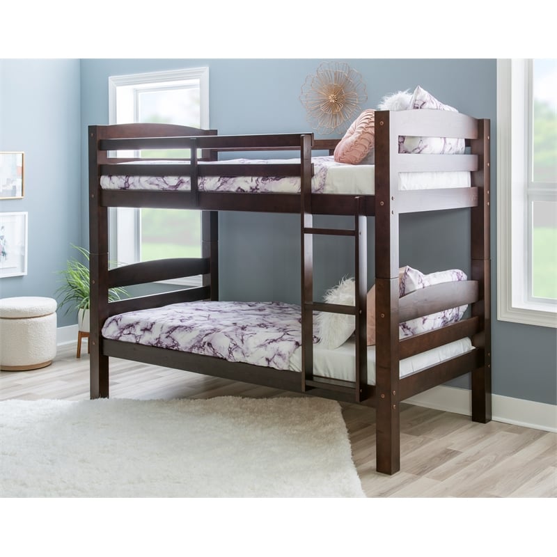 Linon Levi Twin over Twin Bunk Bed with Attached Ladder in Espresso Pine Wood