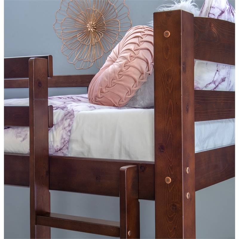 Linon Levi Twin over Twin Bunk Bed with Attached Ladder in Espresso Pine Wood