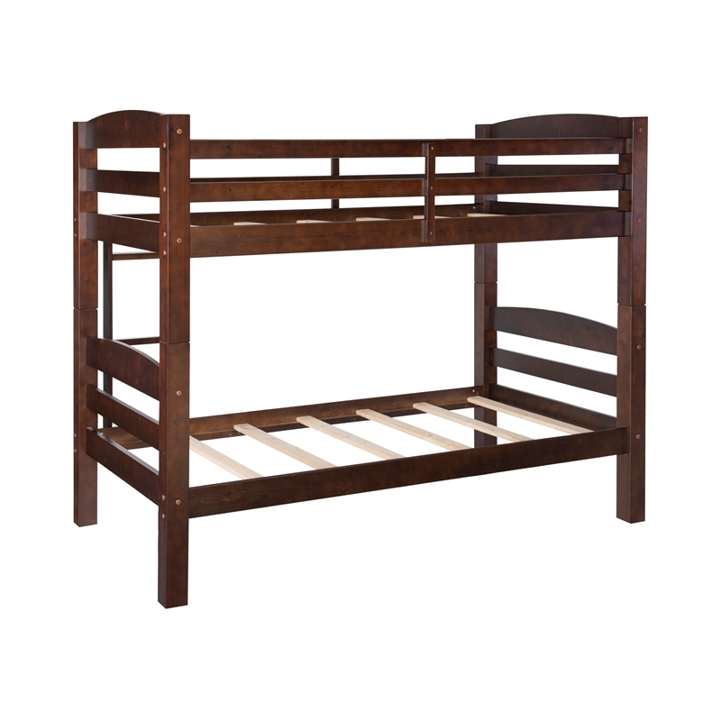 Linon Levi Twin over Twin Bunk Bed with Attached Ladder in Espresso Pine Wood