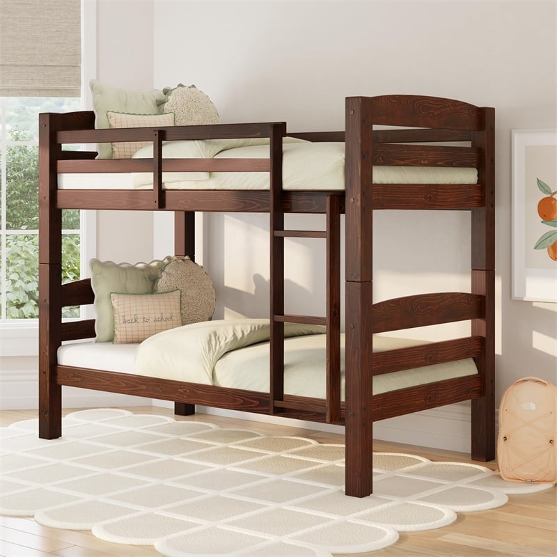 Linon Levi Twin over Twin Bunk Bed with Attached Ladder in Espresso Pine Wood