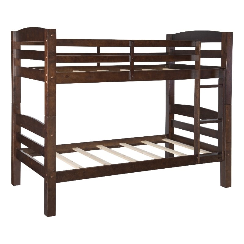 Linon Levi Twin over Twin Bunk Bed with Attached Ladder in Espresso Pine Wood