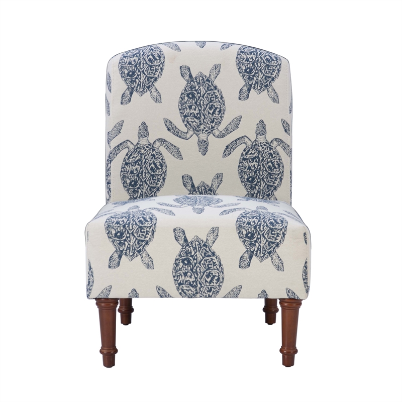 Linon Hawksbill Upholstered Turtle Print Armless Accent Chair in Blue & Cream