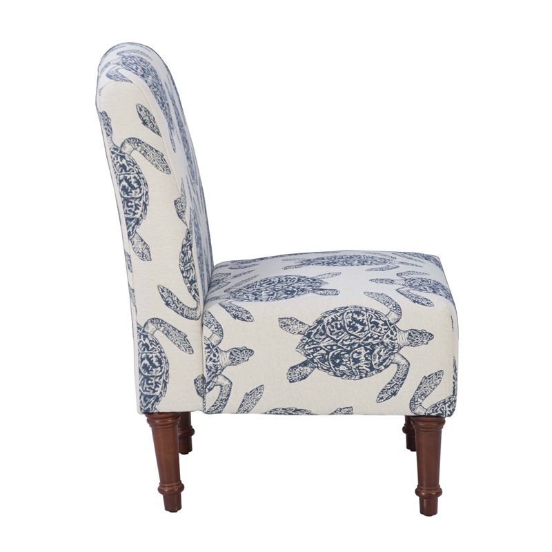 Linon Hawksbill Upholstered Turtle Print Armless Accent Chair in Blue & Cream