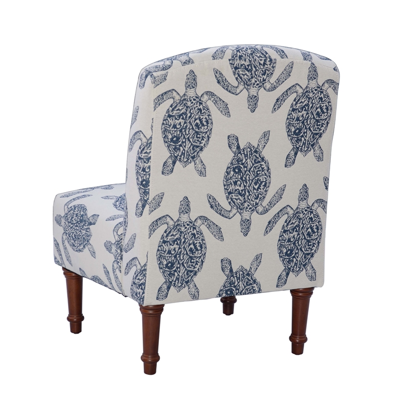 Linon Hawksbill Upholstered Turtle Print Armless Accent Chair in Blue & Cream