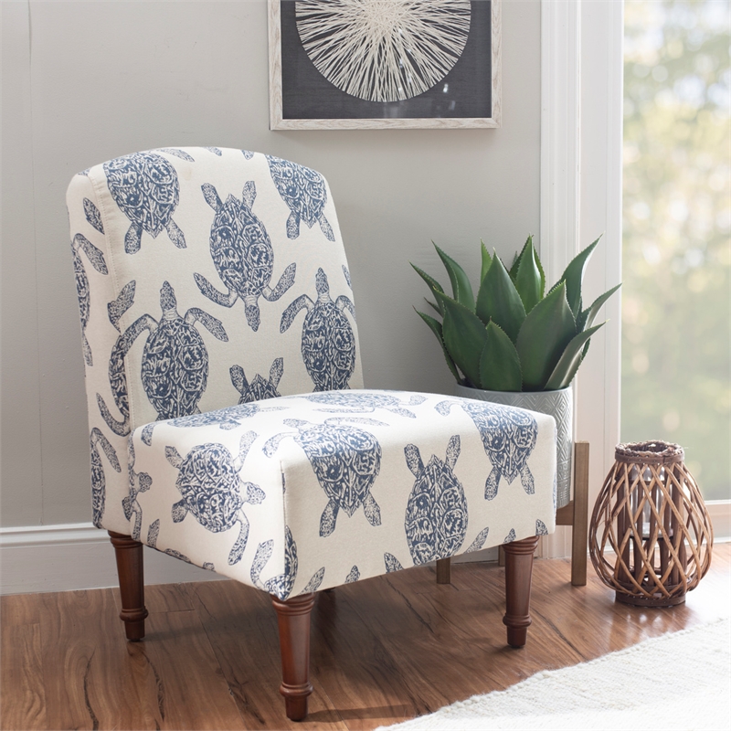 Linon Hawksbill Upholstered Turtle Print Armless Accent Chair in Blue & Cream