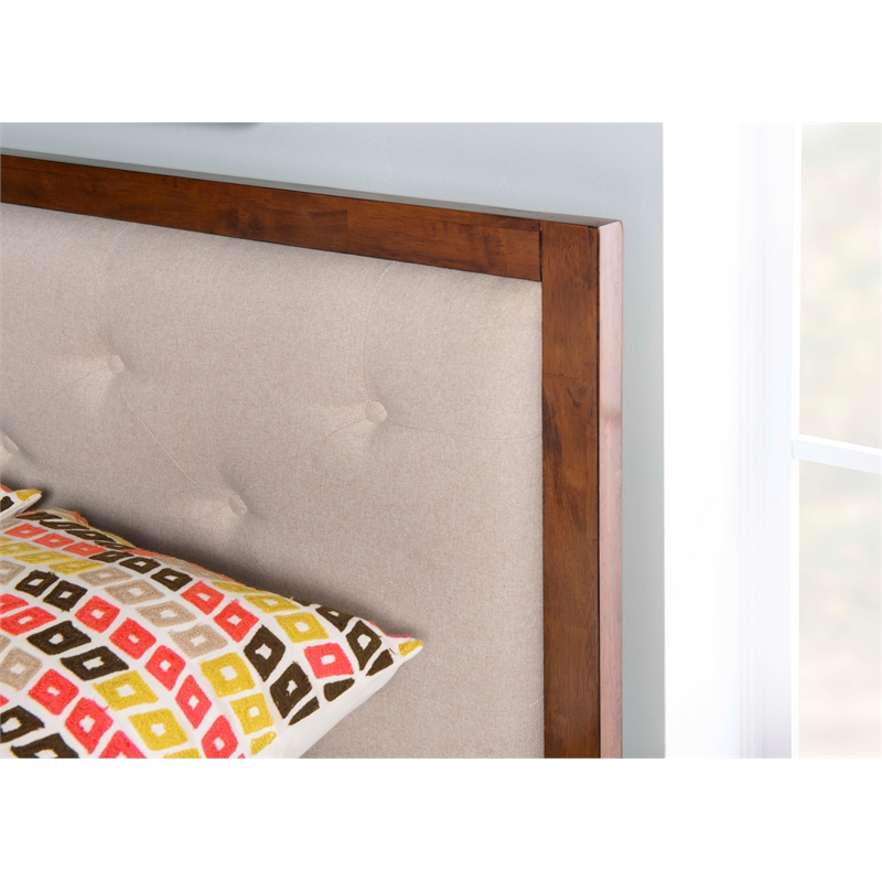 Linon Moore Mid Century Upholstered Platform Queen Bed Frame in Brown Wood