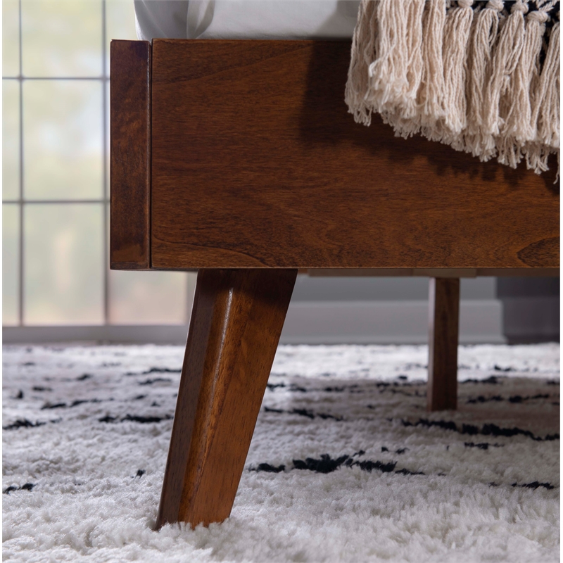 Linon Moore Mid Century Upholstered Platform Queen Bed Frame in Brown Wood