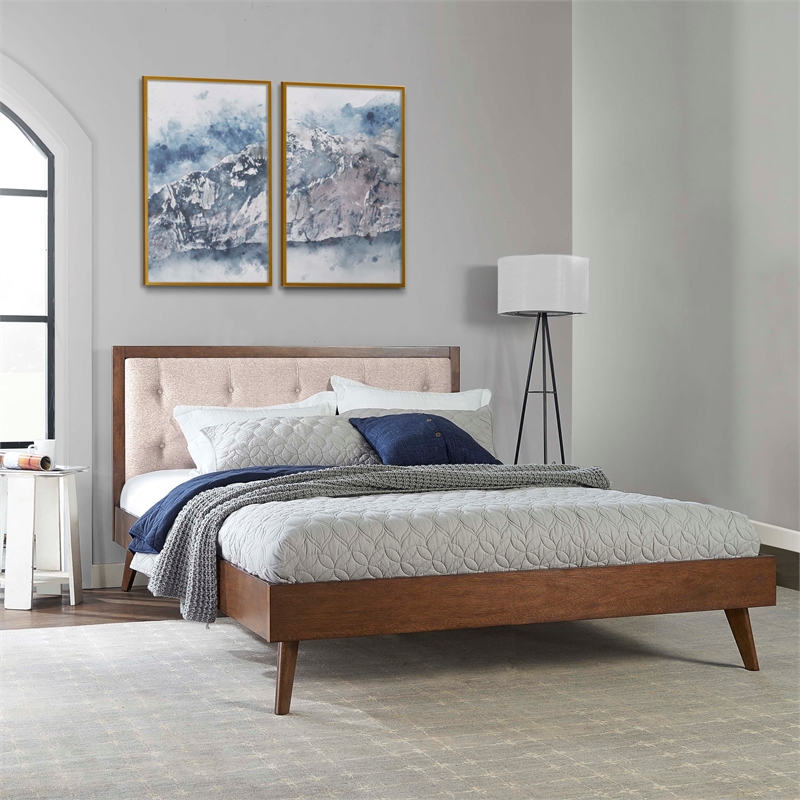 Linon Moore Mid Century Upholstered Platform Queen Bed Frame in Brown Wood