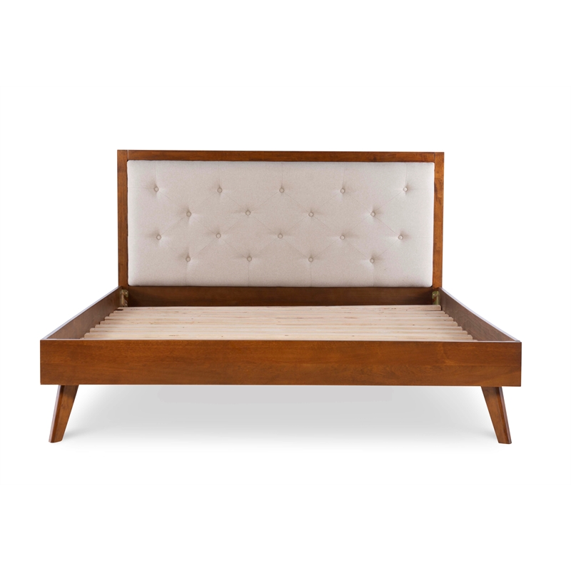 Linon Moore Mid Century Upholstered Platform Queen Bed Frame in Brown Wood