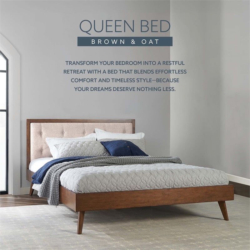 Linon Moore Mid Century Upholstered Platform Queen Bed Frame in Brown Wood