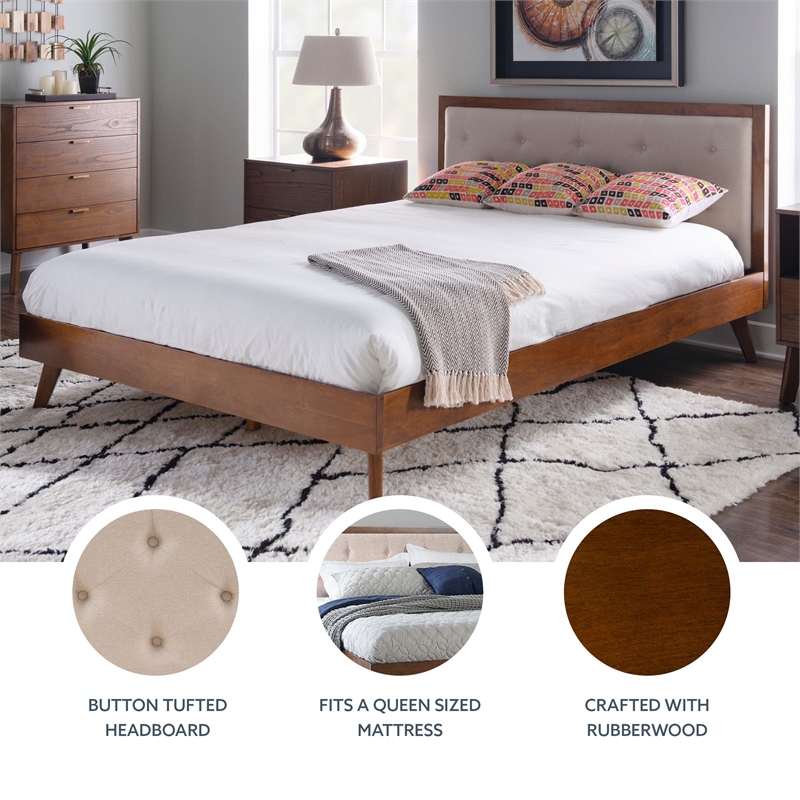Linon Moore Mid Century Upholstered Platform Queen Bed Frame in Brown Wood