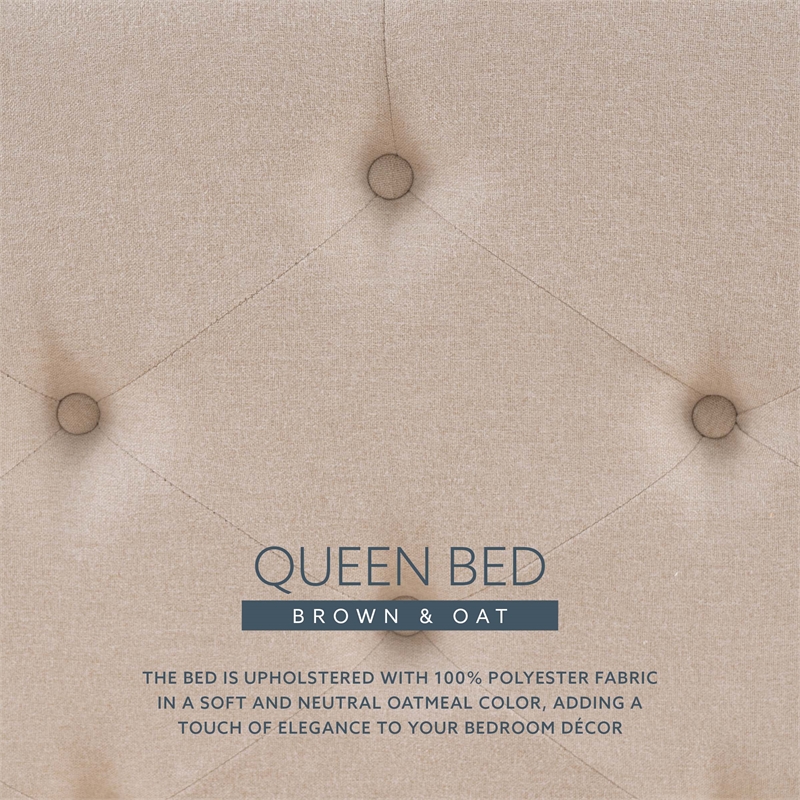 Linon Moore Mid Century Upholstered Platform Queen Bed Frame in Brown Wood