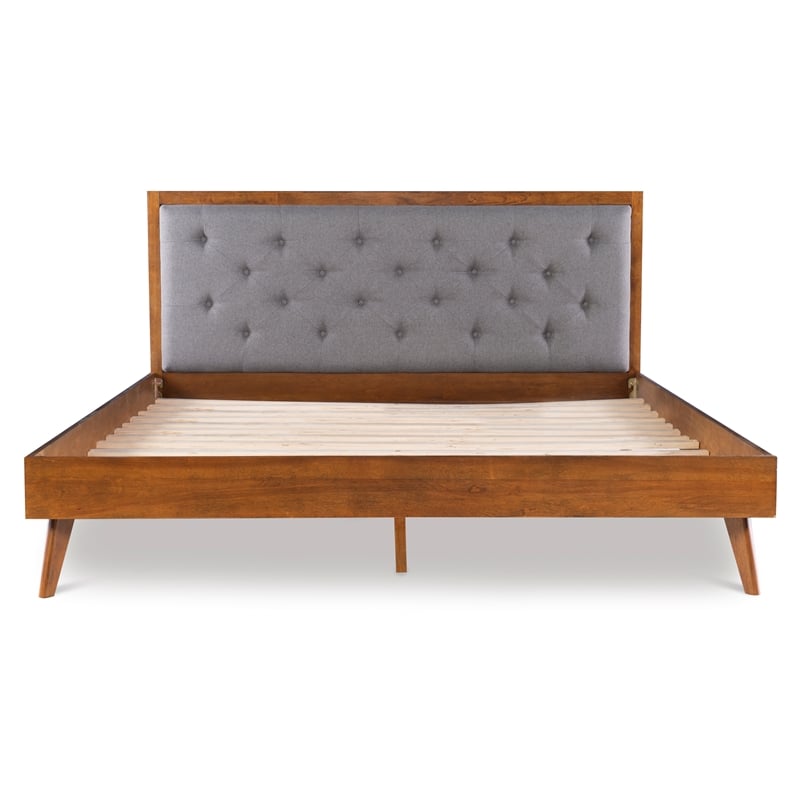 Linon Moore Mid Century Upholstered Platform King Bed Frame in Brown Wood