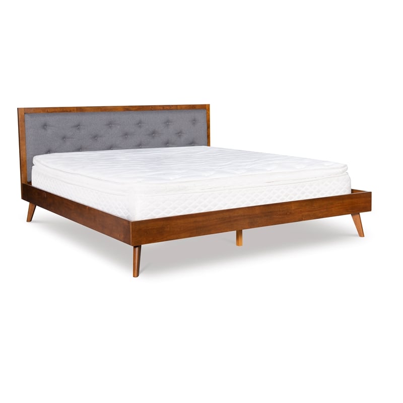 Linon Moore Mid Century Upholstered Platform King Bed Frame in Brown Wood