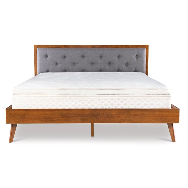 Linon Moore Mid Century Upholstered Platform King Bed Frame in Brown Wood