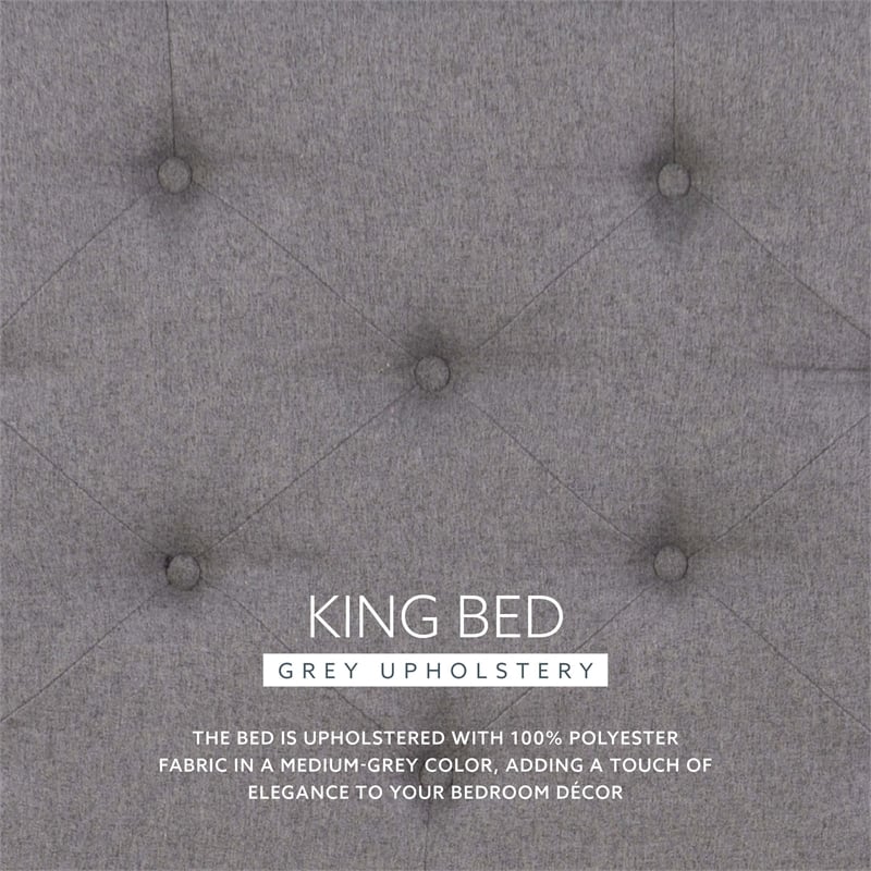 Linon Moore Mid Century Upholstered Platform King Bed Frame in Brown Wood