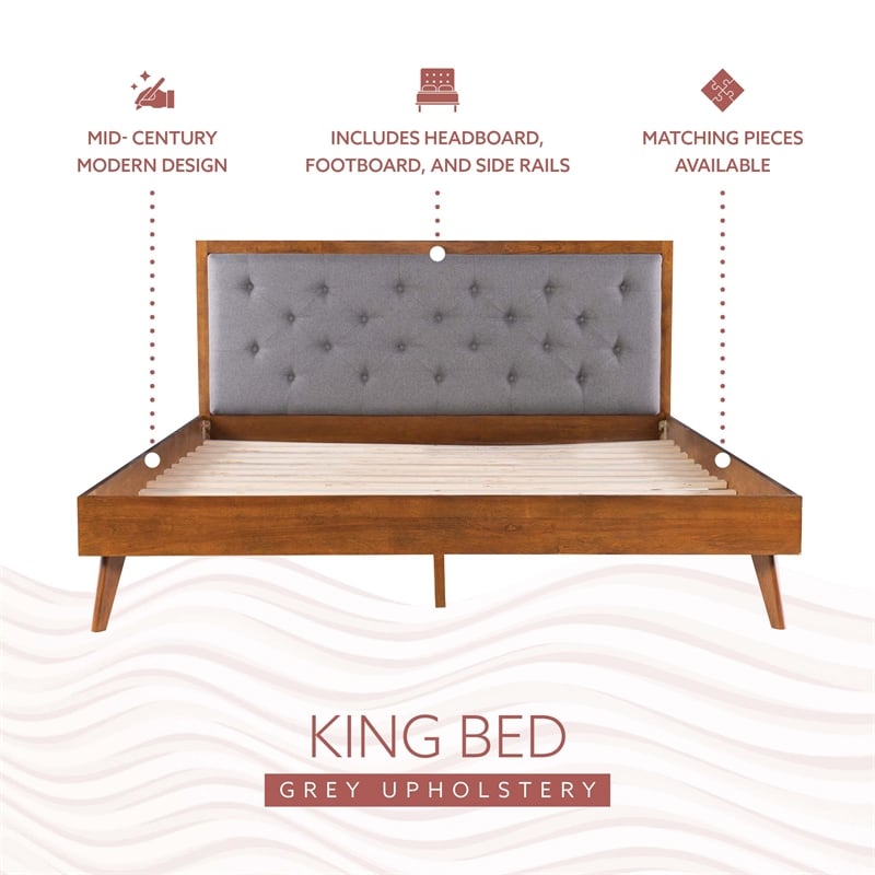 Linon Moore Mid Century Upholstered Platform King Bed Frame in Brown Wood