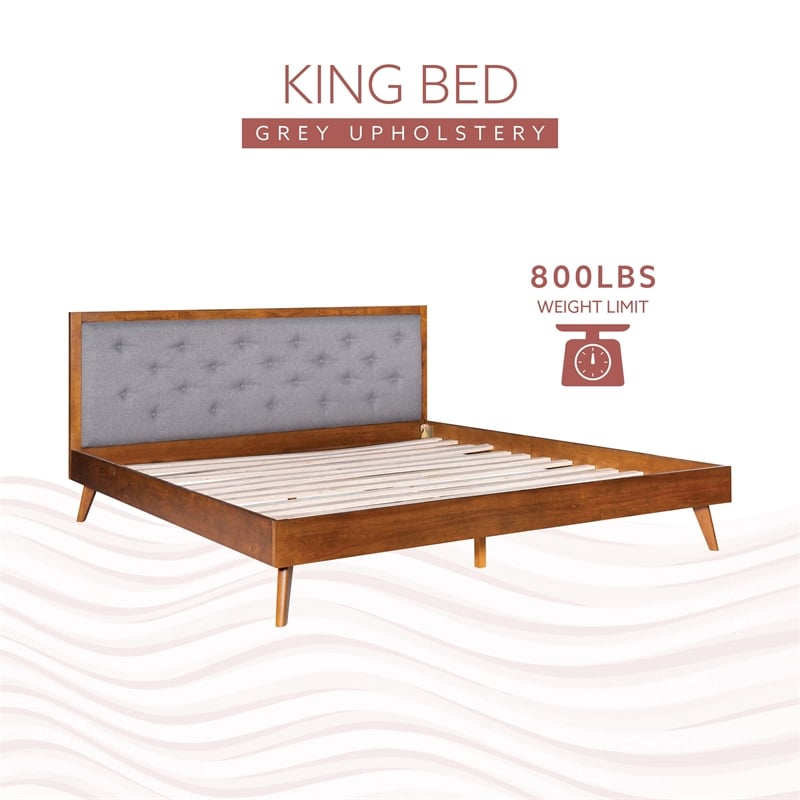 Linon Moore Mid Century Upholstered Platform King Bed Frame in Brown Wood