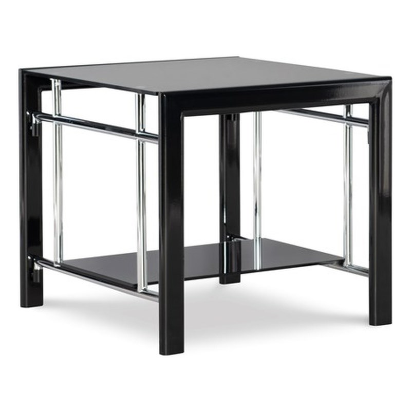 Linon Dart Steel End Table Top and Bottom Glass Shelves in Glossy Black