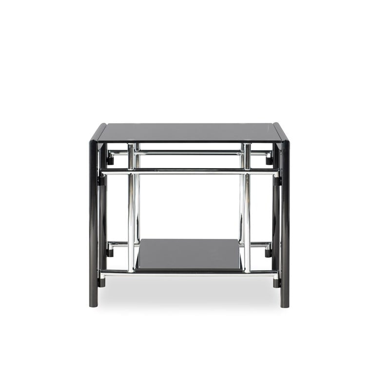 Linon Dart Steel End Table Top and Bottom Glass Shelves in Glossy Black