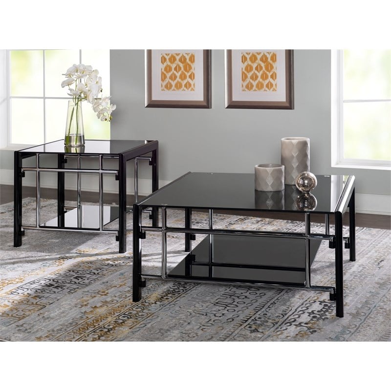 Linon Dart Steel End Table Top and Bottom Glass Shelves in Glossy Black