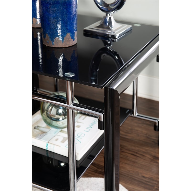 Linon Dart Steel End Table Top and Bottom Glass Shelves in Glossy Black