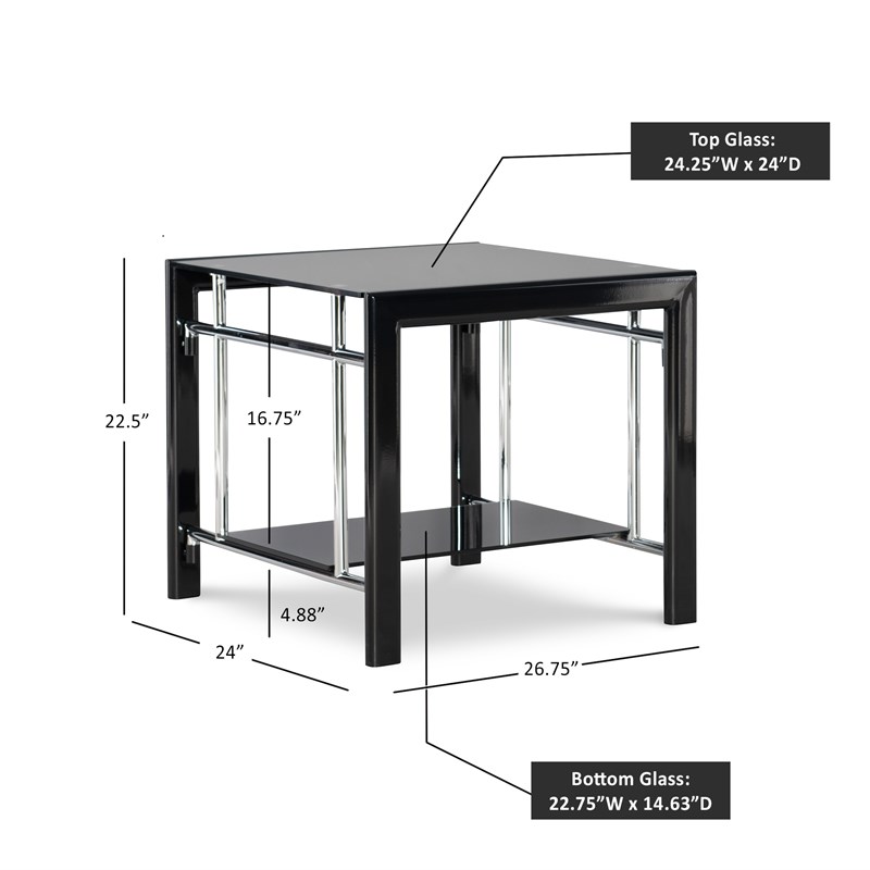 Linon Dart Steel End Table Top and Bottom Glass Shelves in Glossy Black