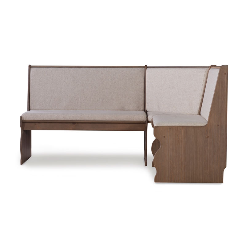 Linon Natasha Corner Nook Dining Set Neutral Upholstered Seats in Natural Wood