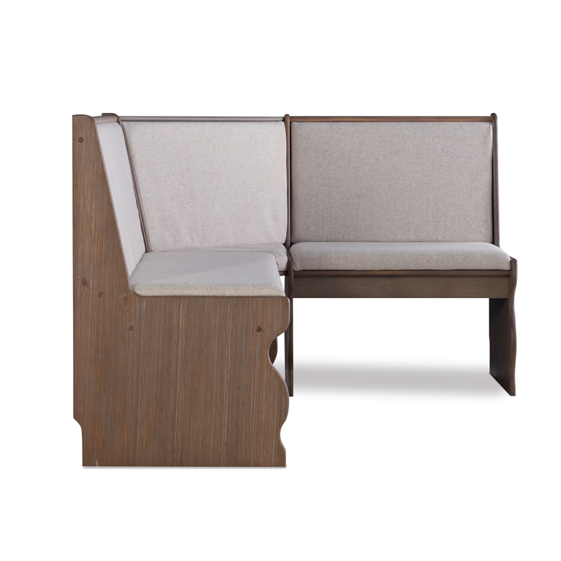 Linon Natasha Corner Nook Dining Set Neutral Upholstered Seats in Natural Wood