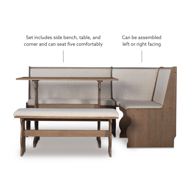 Linon Natasha Corner Nook Dining Set Neutral Upholstered Seats in Natural Wood