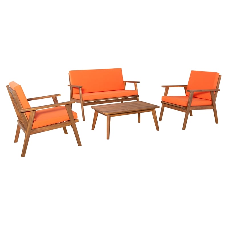 Linon Cooper Outdoor 4 Piece Wood Chat Set with Orange Cushions in Acorn Brown