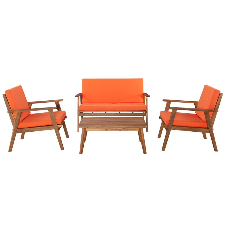 Linon Cooper Outdoor 4 Piece Wood Chat Set with Orange Cushions in Acorn Brown