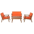 Linon Cooper Outdoor 4 Piece Wood Chat Set with Orange Cushions in Acorn Brown