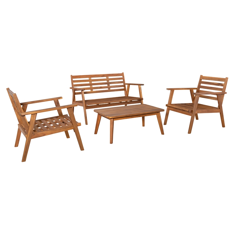 Linon Cooper Outdoor 4 Piece Wood Chat Set with Orange Cushions in Acorn Brown