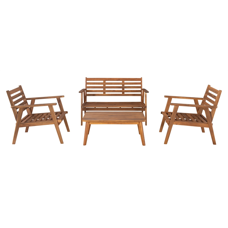 Linon Cooper Outdoor 4 Piece Wood Chat Set with Orange Cushions in Acorn Brown