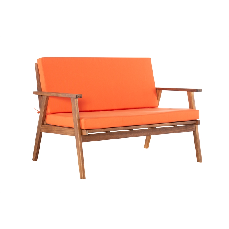 Linon Cooper Outdoor 4 Piece Wood Chat Set with Orange Cushions in Acorn Brown