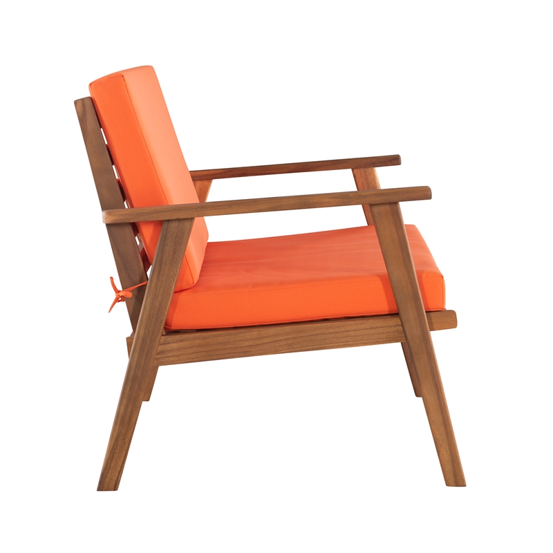 Linon Cooper Outdoor 4 Piece Wood Chat Set with Orange Cushions in Acorn Brown