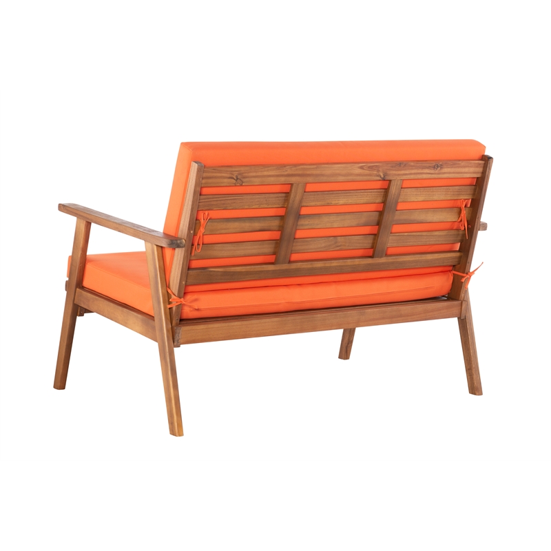 Linon Cooper Outdoor 4 Piece Wood Chat Set with Orange Cushions in Acorn Brown