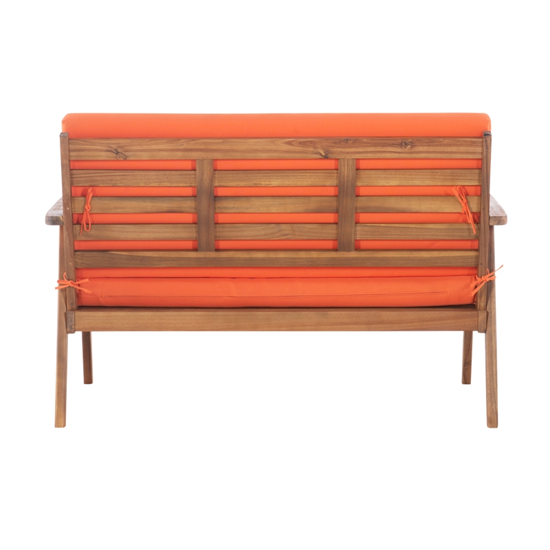 Linon Cooper Outdoor 4 Piece Wood Chat Set with Orange Cushions in Acorn Brown