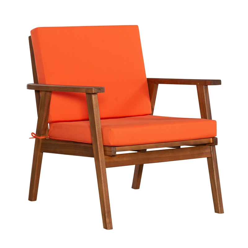 Linon Cooper Outdoor 4 Piece Wood Chat Set with Orange Cushions in Acorn Brown
