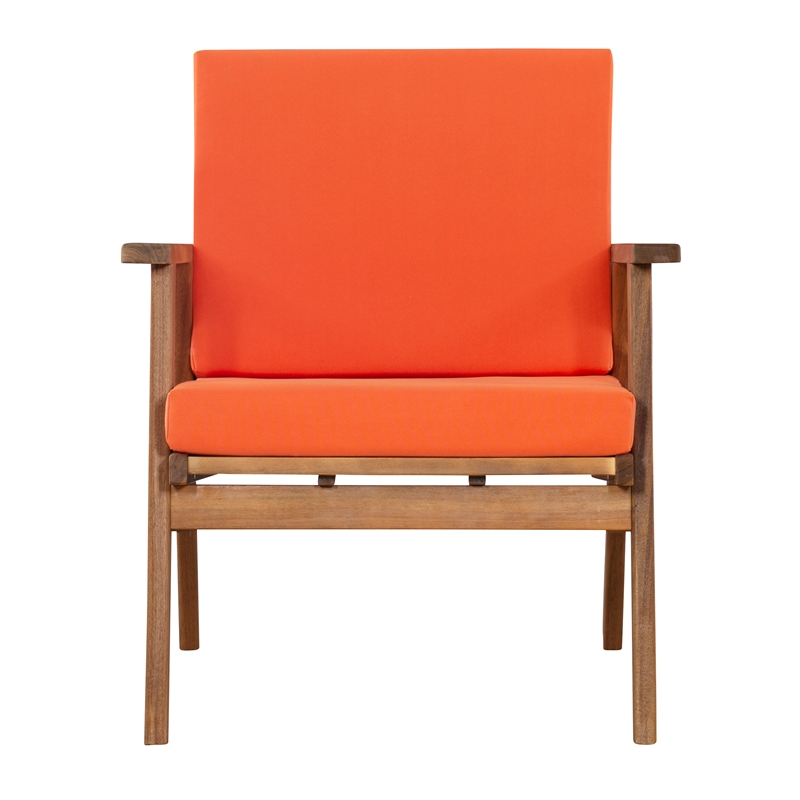 Linon Cooper Outdoor 4 Piece Wood Chat Set with Orange Cushions in Acorn Brown