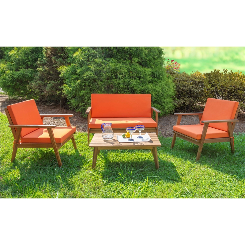 Linon Cooper Outdoor 4 Piece Wood Chat Set with Orange Cushions in Acorn Brown