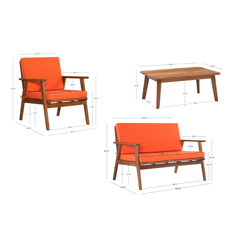 Linon Cooper Outdoor 4 Piece Wood Chat Set with Orange Cushions in Acorn Brown
