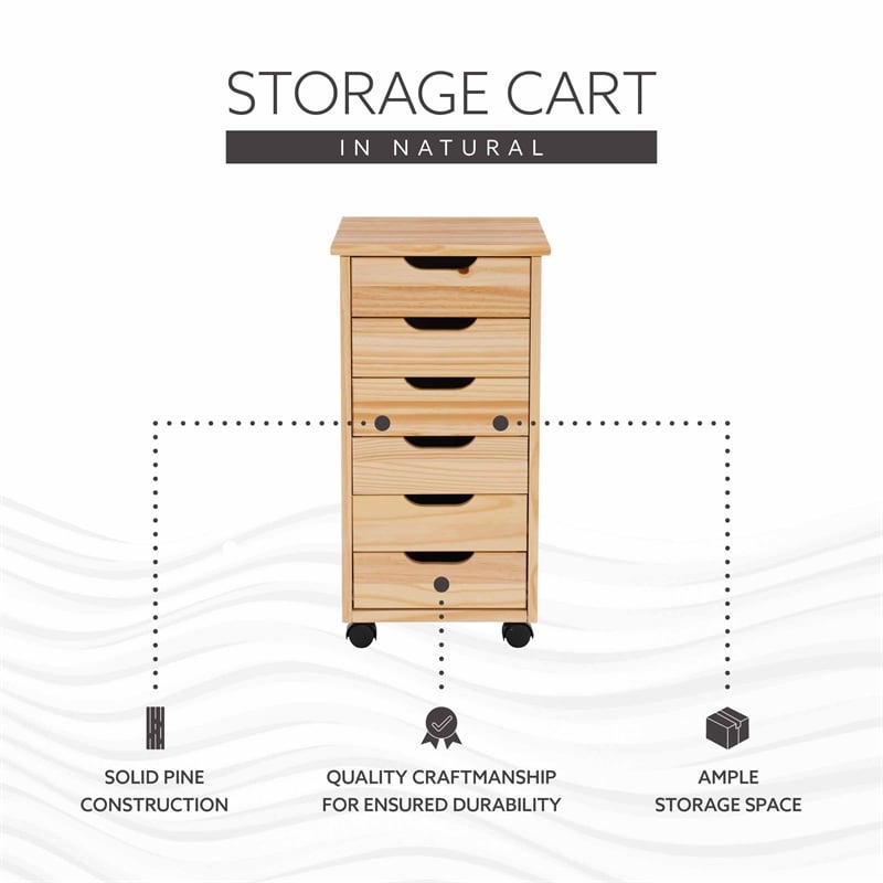 Linon Callie Six Drawer Rolling Storage Cart in Natural Brown Wood