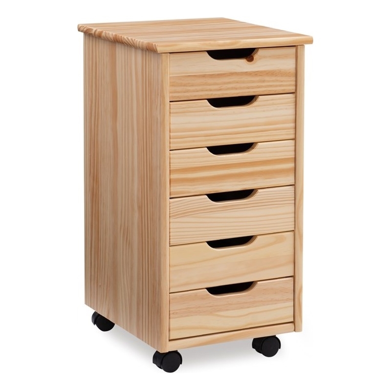 Linon Callie Six Drawer Rolling Storage Cart in Natural Brown Wood
