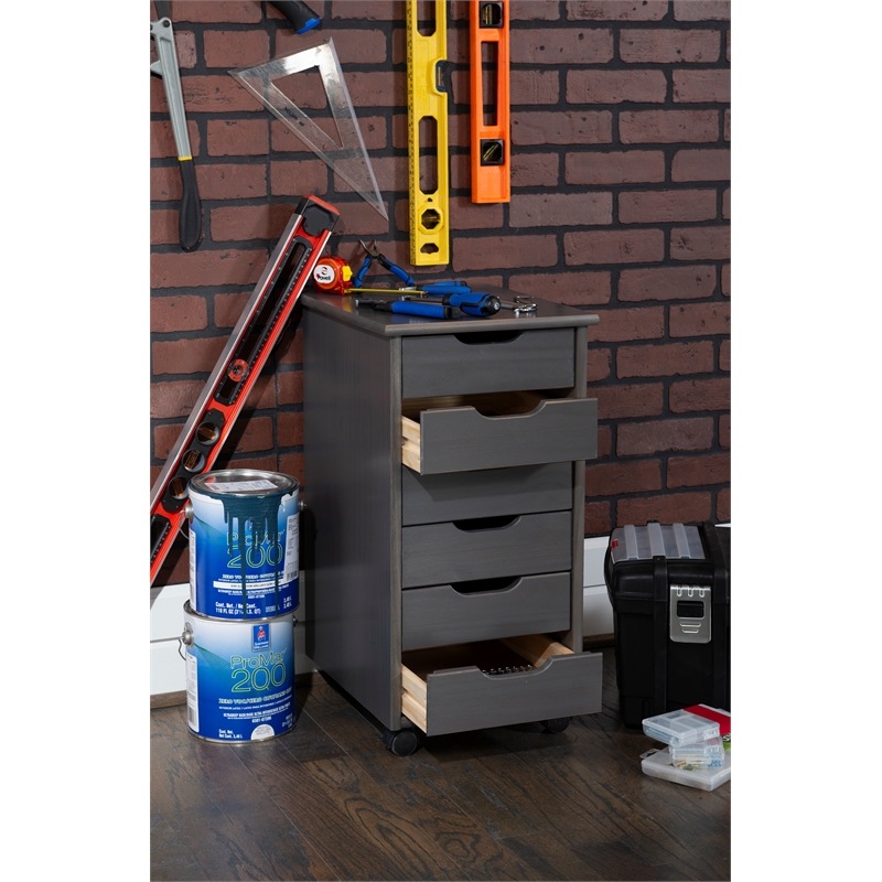 Linon Callie Six Drawer Rolling Storage Cart in Gray Wood