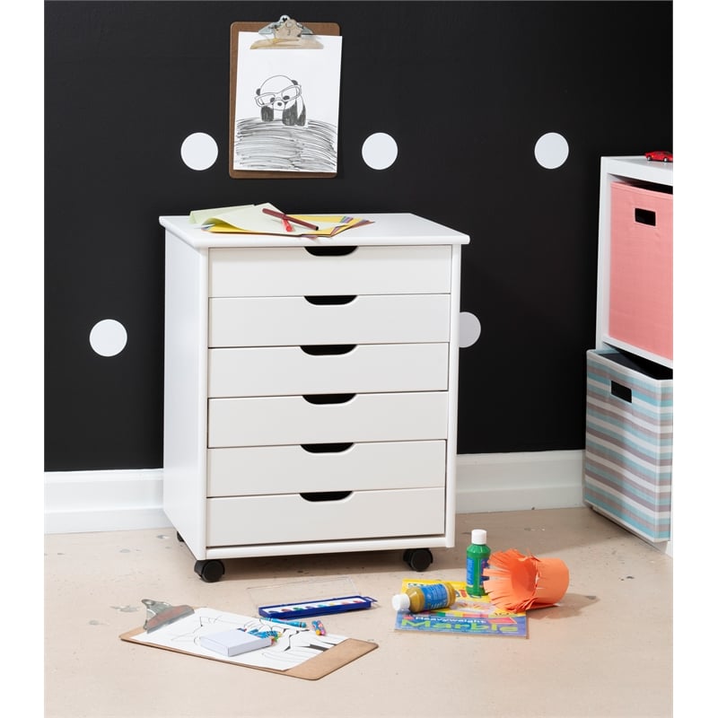 Linon Callie Six Drawer Wide Wood Rolling Cart in White Wash