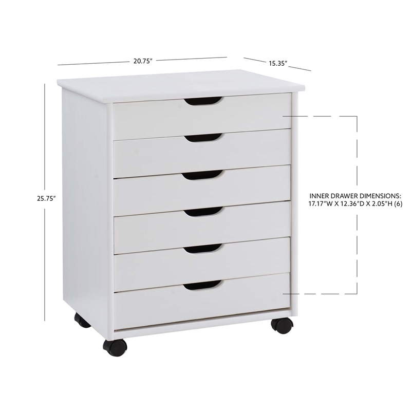 Linon Callie Six Drawer Wide Rolling Cart in White Wash Wood