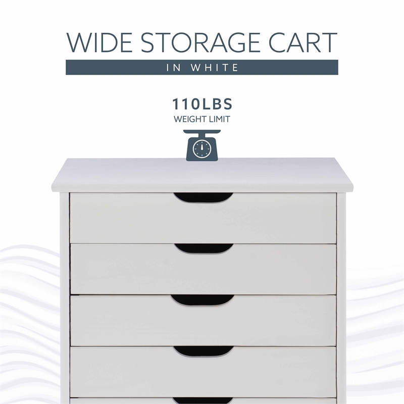 Linon Callie Six Drawer Wide Rolling Cart in White Wash Wood