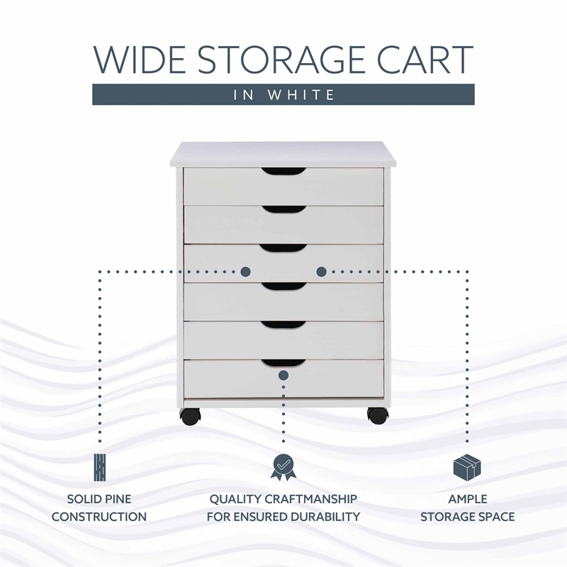 Linon Callie Six Drawer Wide Rolling Cart in White Wash Wood